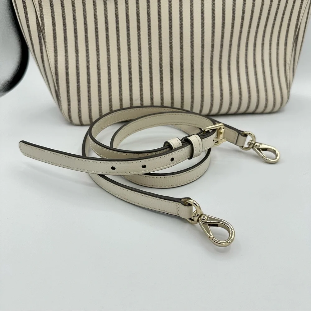 Henri Bendel West 57th Striped Domed Satchel Ivory Grey Stripe Gold Hardware